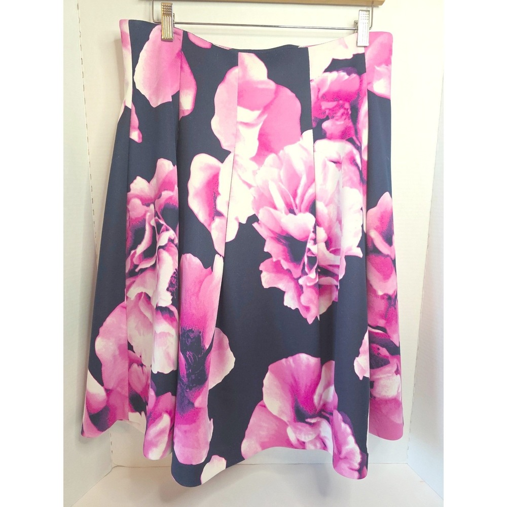 Eliza J Navy Blue Pink Floral Colorway Midi‎ Skirt W/ Inverted Pleats Size 12